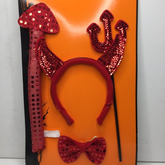 Halloween Child Red Devil Costume Kit Horns Headband Bow Tie Tail Pitchfork - Picture 2 of 5